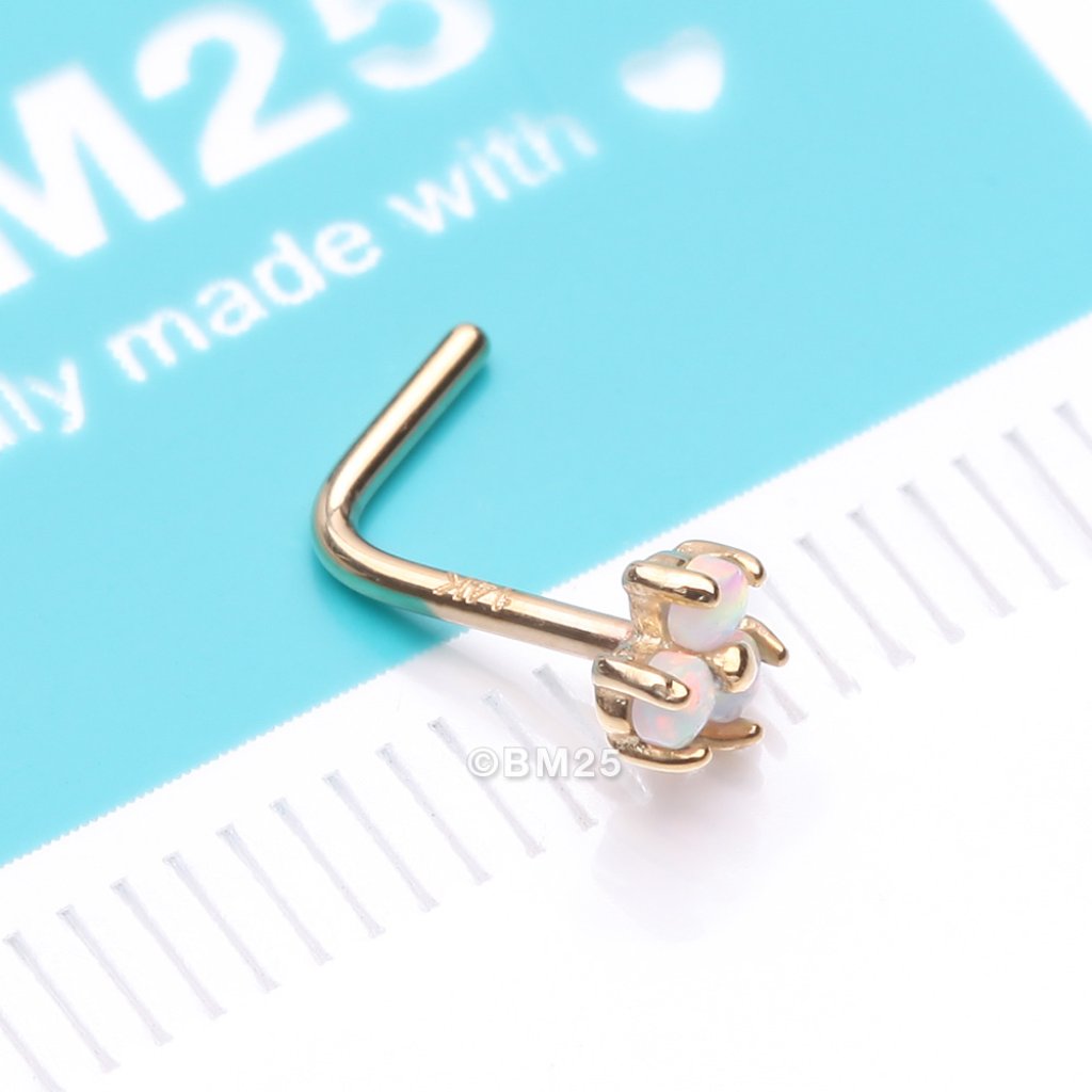 14 Karat Gold Tri Fire Opal Sparkle Prong Set LShaped Nose Ring